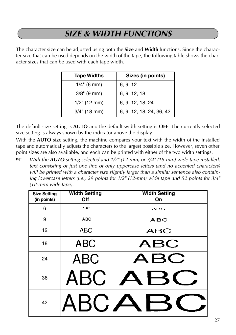 Size & width functions | Brother PT-1910 User Manual | Page 35 / 114