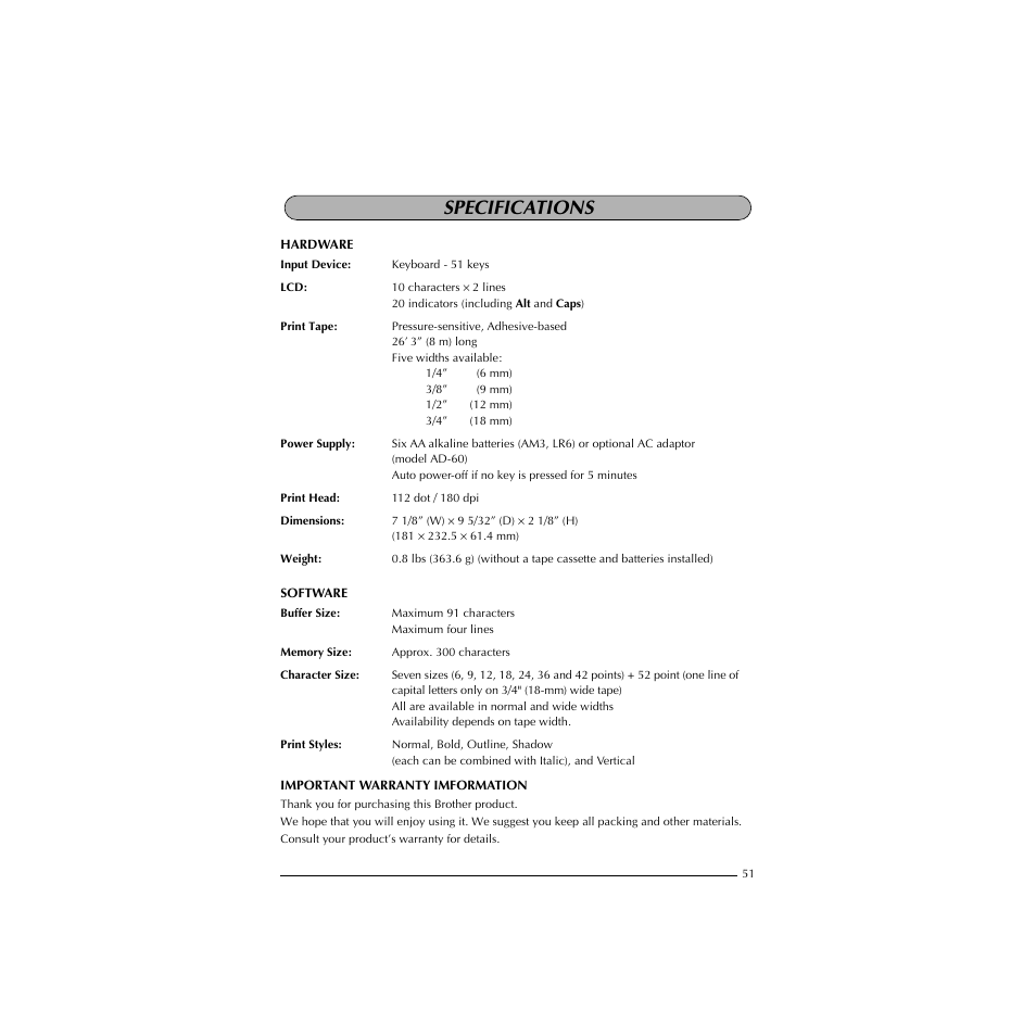 Specifications | Brother PT-1910 User Manual | Page 59 / 114