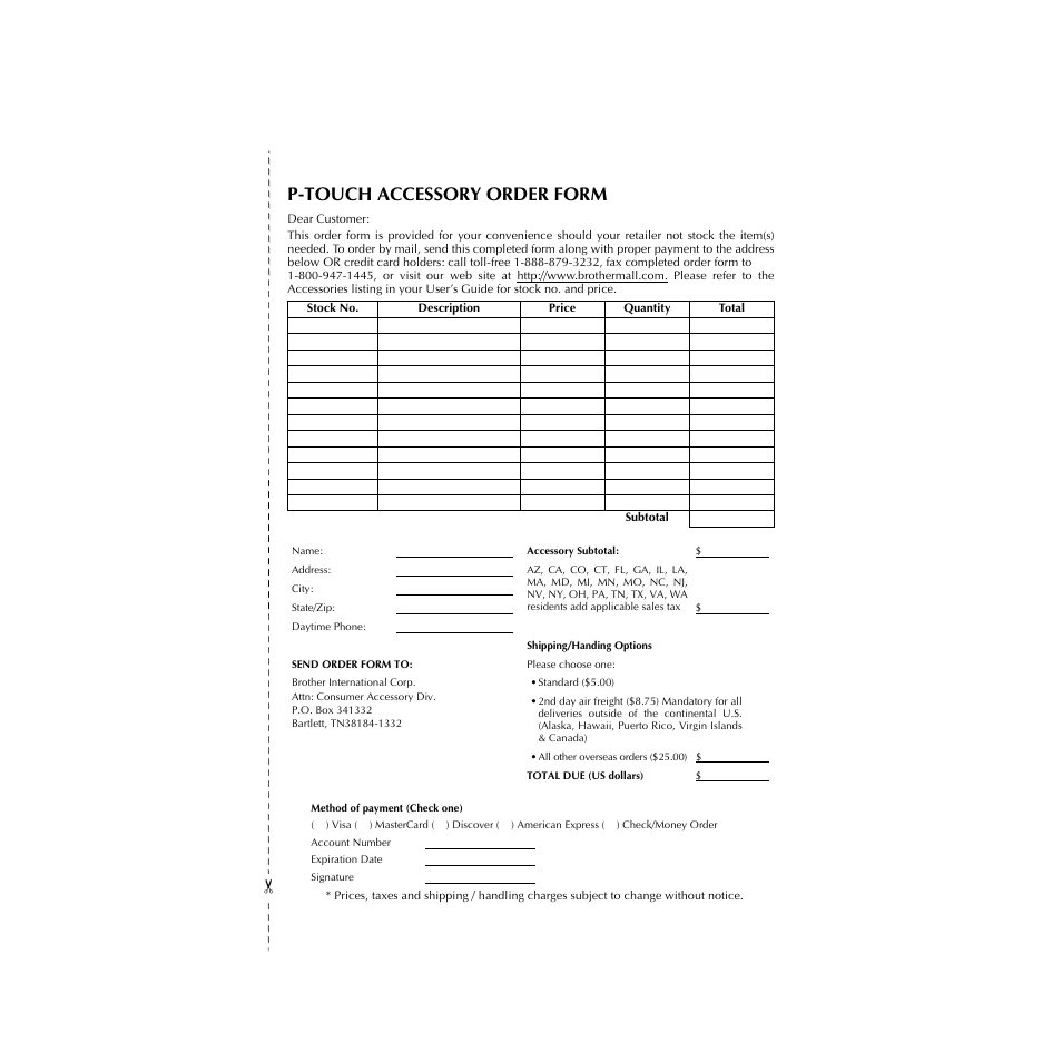 P-touch accessory order form | Brother PT-1910 User Manual | Page 65 / 114