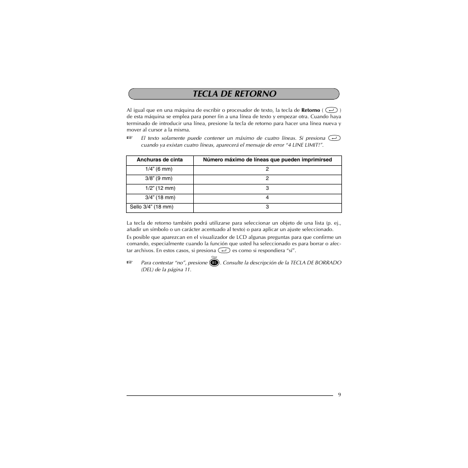 Tecla de retorno | Brother PT-1910 User Manual | Page 81 / 114