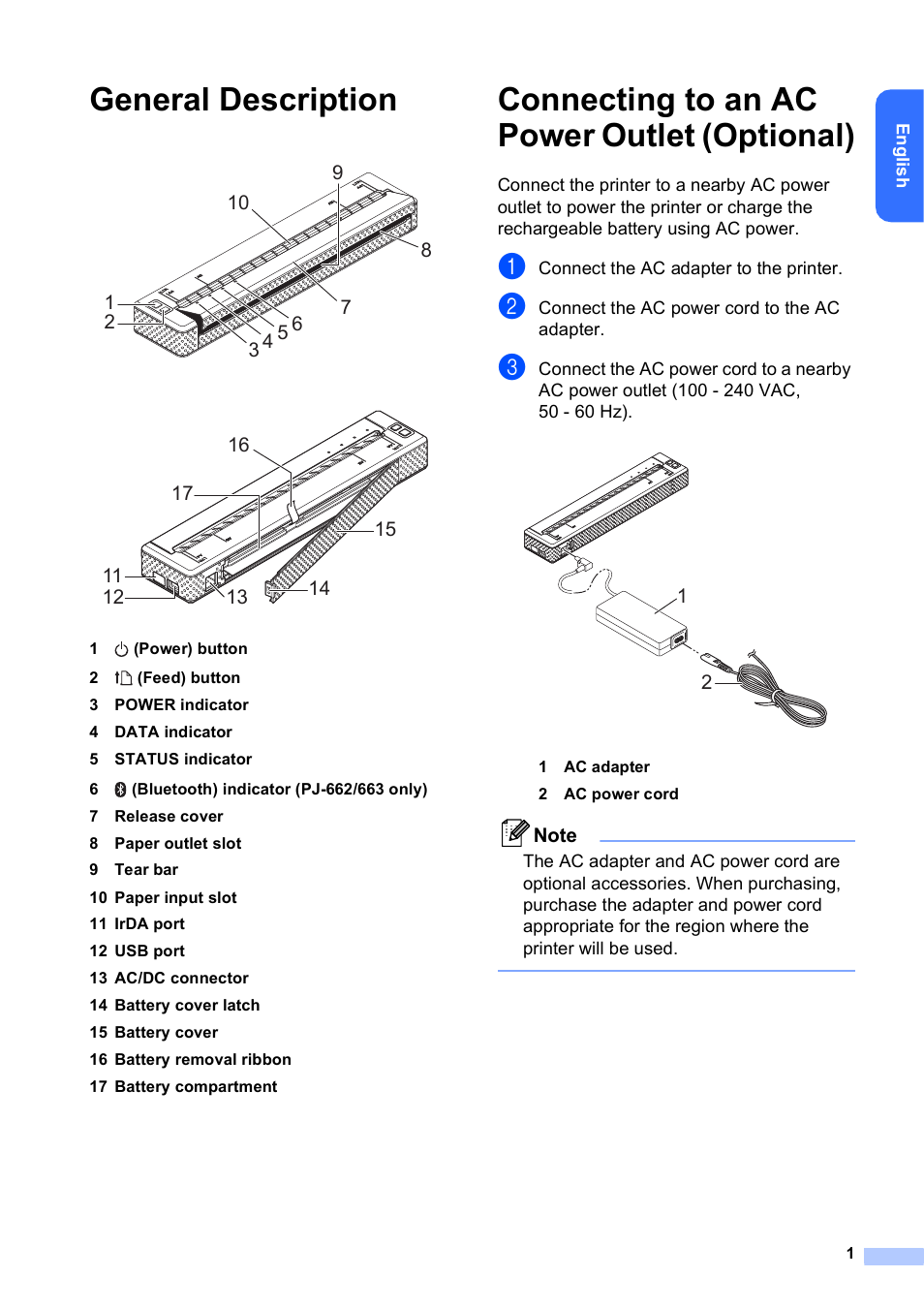 General description, Connecting to an ac power outlet (optional) | Brother Pocket Jet6 w BT PJ-662 User Manual | Page 2 / 7