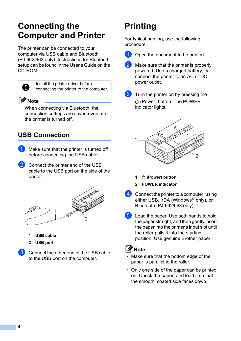 Connecting the computer and printer, Usb connection, Printing | Brother Pocket Jet6 w BT PJ-662 User Manual | Page 5 / 7