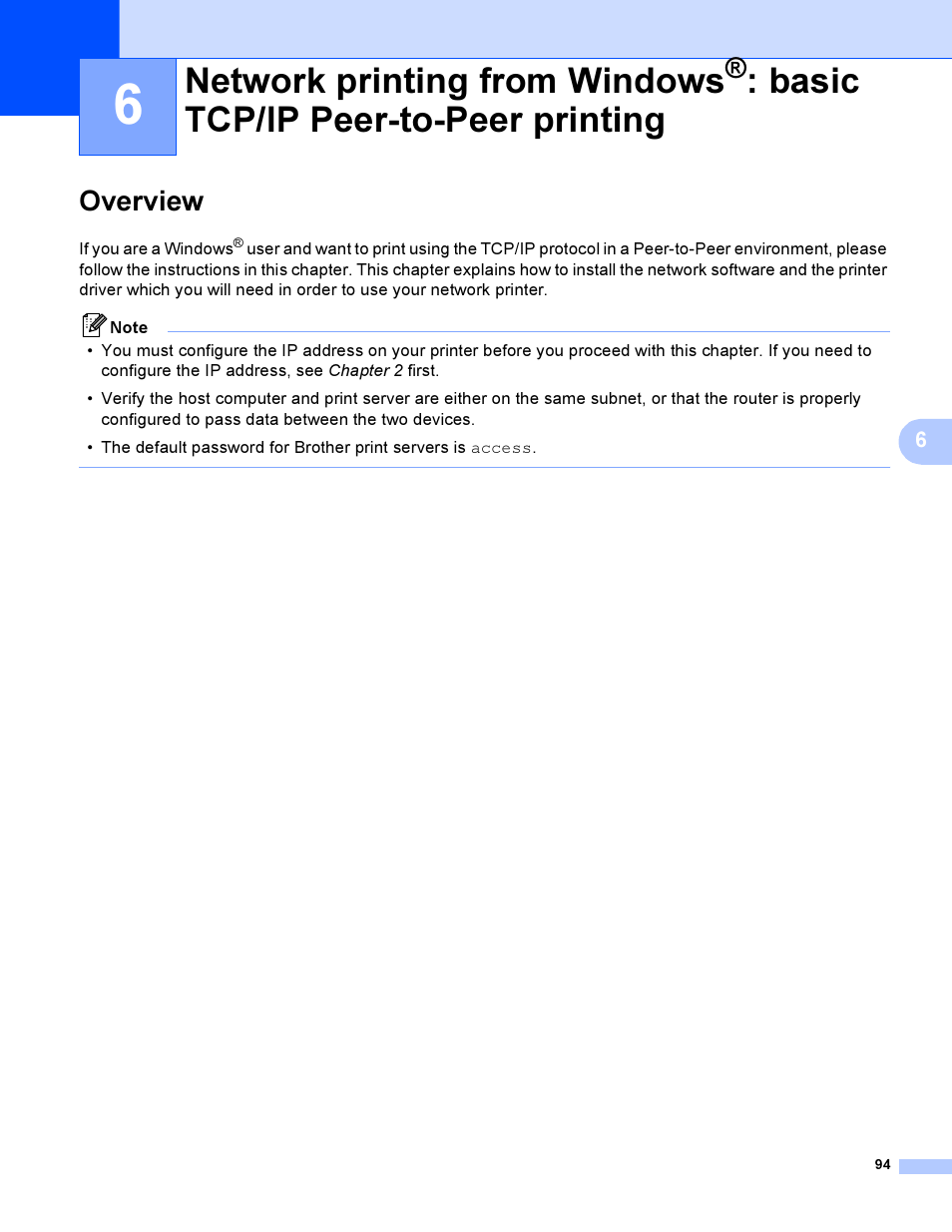 Overview, Network printing from windows, Basic tcp/ip peer-to-peer printing | Brother HL-4040CDN User Manual | Page 101 / 177