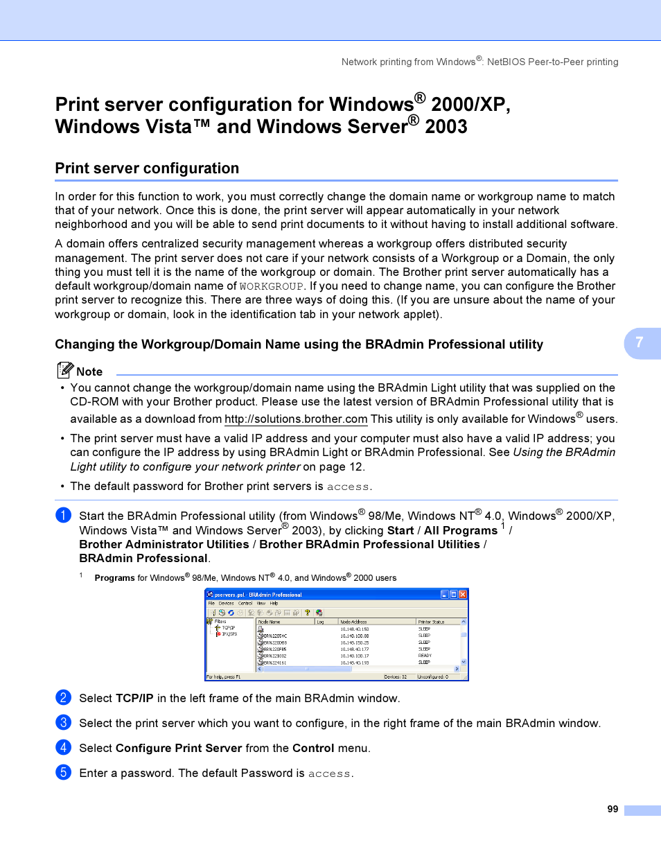 Print server configuration, Print server configuration for windows, 2000/xp, windows vista™ and windows server | Brother HL-4040CDN User Manual | Page 106 / 177