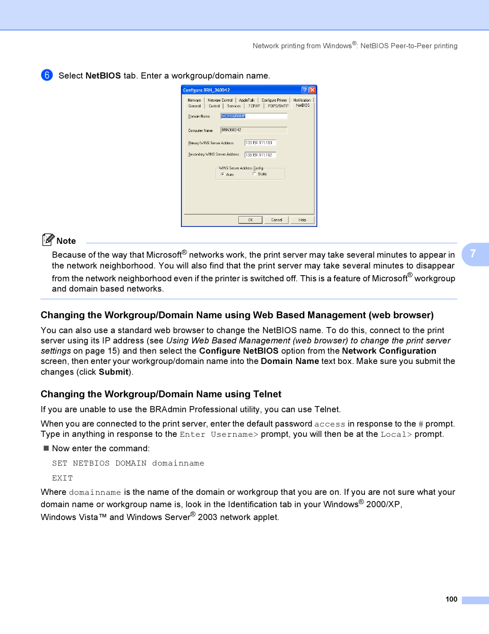 Changing the workgroup/domain name using telnet | Brother HL-4040CDN User Manual | Page 107 / 177
