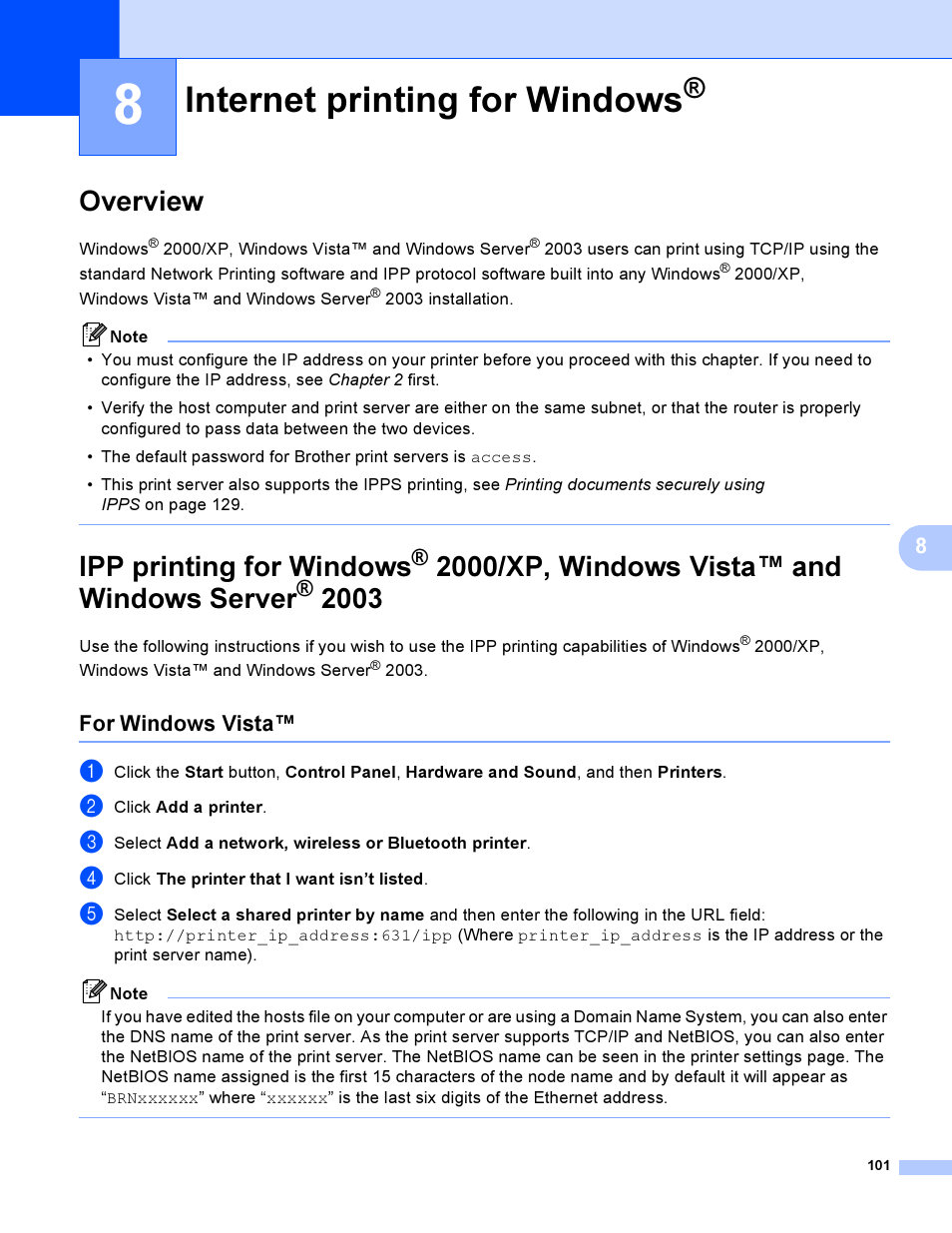 8 internet printing for windows, Overview, For windows vista | Internet printing for windows, Overview ipp printing for windows, Ipp printing for windows, 2000/xp, windows vista™ and windows server | Brother HL-4040CDN User Manual | Page 108 / 177
