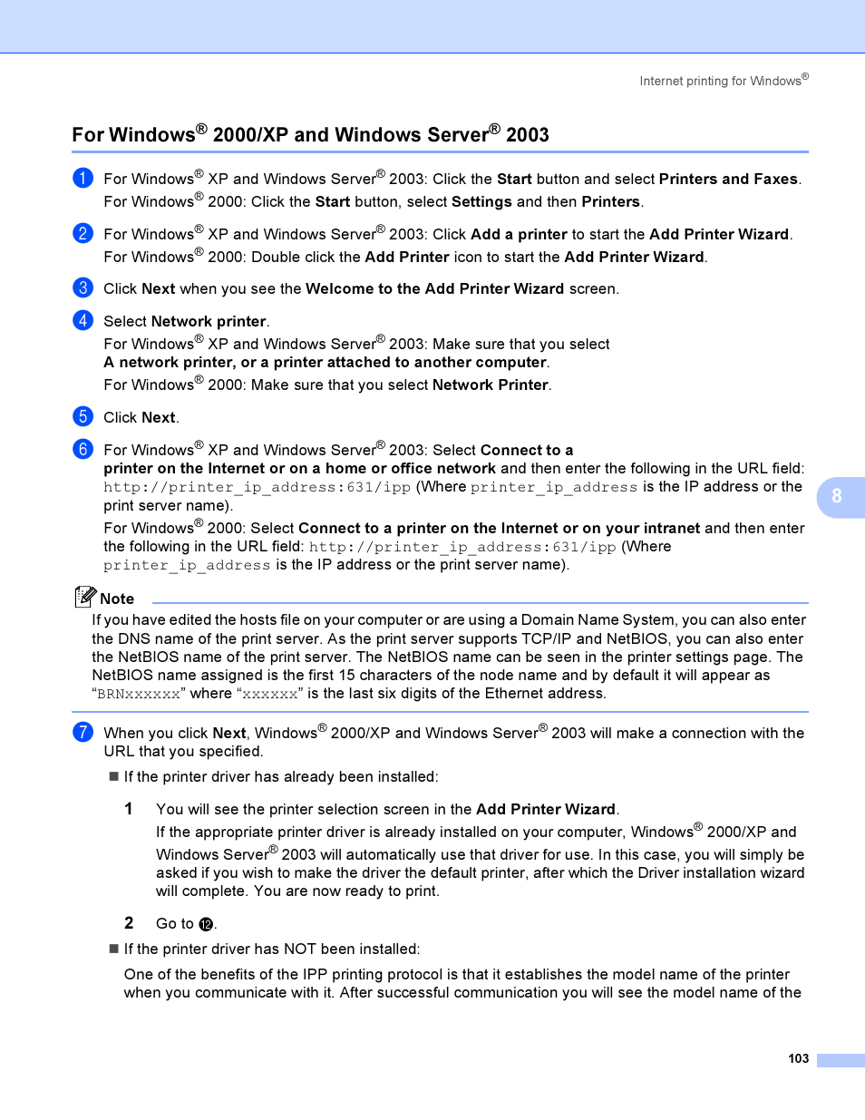 For windows® 2000/xp and windows server® 2003, For windows, 8for windows | 2000/xp and windows server | Brother HL-4040CDN User Manual | Page 110 / 177