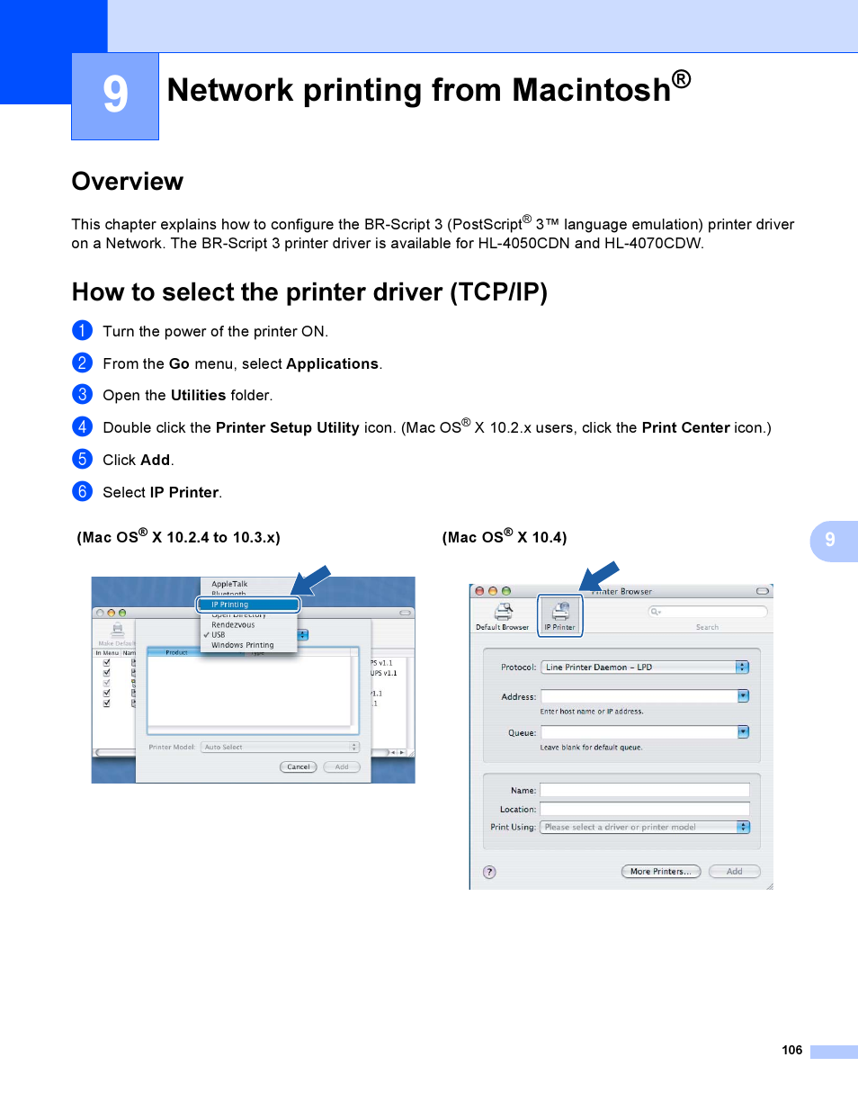9 network printing from macintosh, Overview, How to select the printer driver (tcp/ip) | Network printing from macintosh, Overview how to select the printer driver (tcp/ip), Chapter 9: network printing from macintosh | Brother HL-4040CDN User Manual | Page 113 / 177
