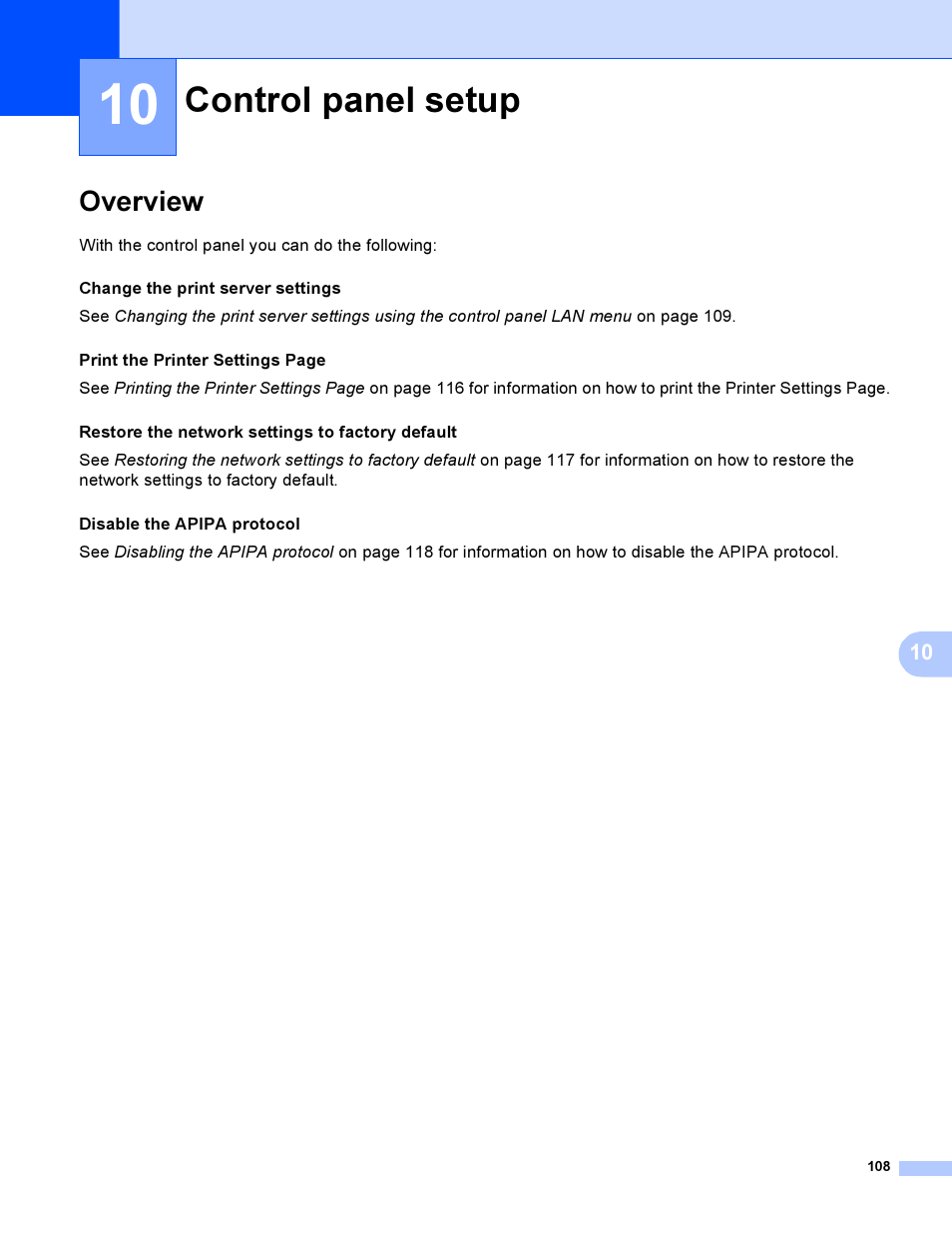 10 control panel setup, Overview, Control panel setup | Control panel setup in chapter 10 | Brother HL-4040CDN User Manual | Page 115 / 177