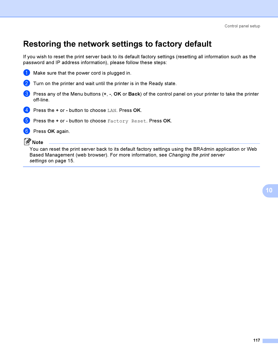 Restoring the network settings to factory default | Brother HL-4040CDN User Manual | Page 124 / 177