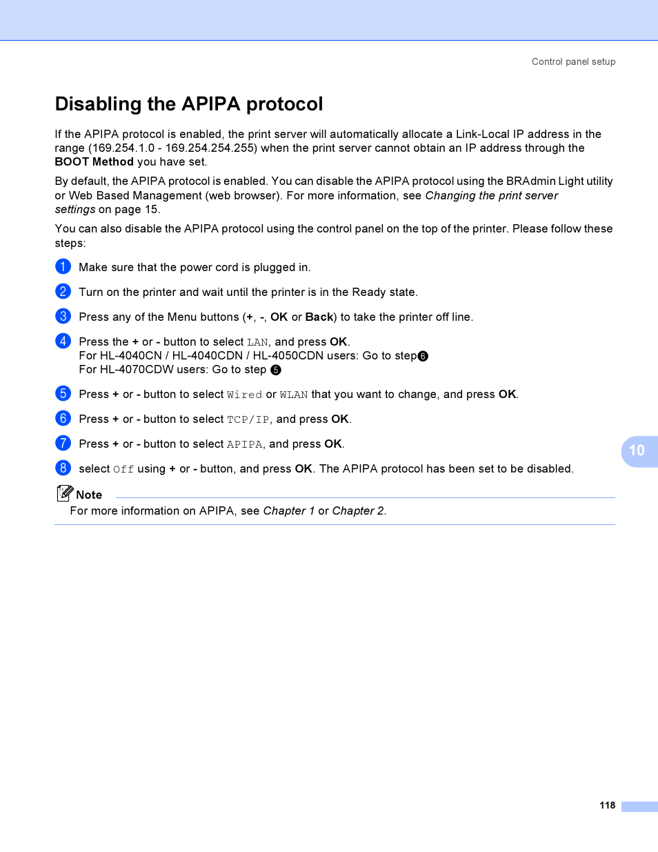 Disabling the apipa protocol | Brother HL-4040CDN User Manual | Page 125 / 177