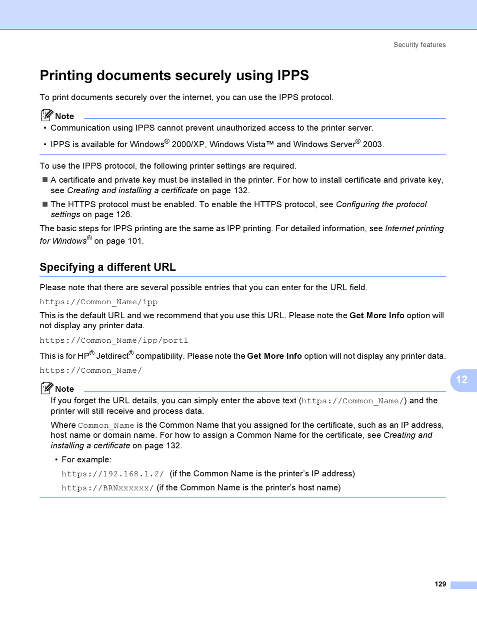 Printing documents securely using ipps, Specifying a different url | Brother HL-4040CDN User Manual | Page 136 / 177
