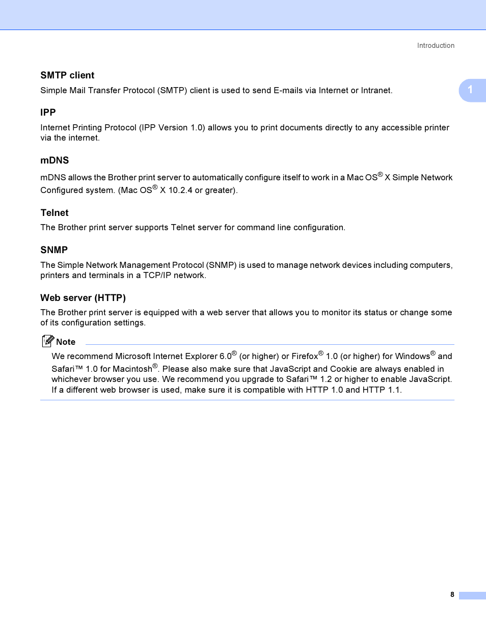 Smtp client, Mdns, Telnet | Snmp, Web server (http) | Brother HL-4040CDN User Manual | Page 15 / 177