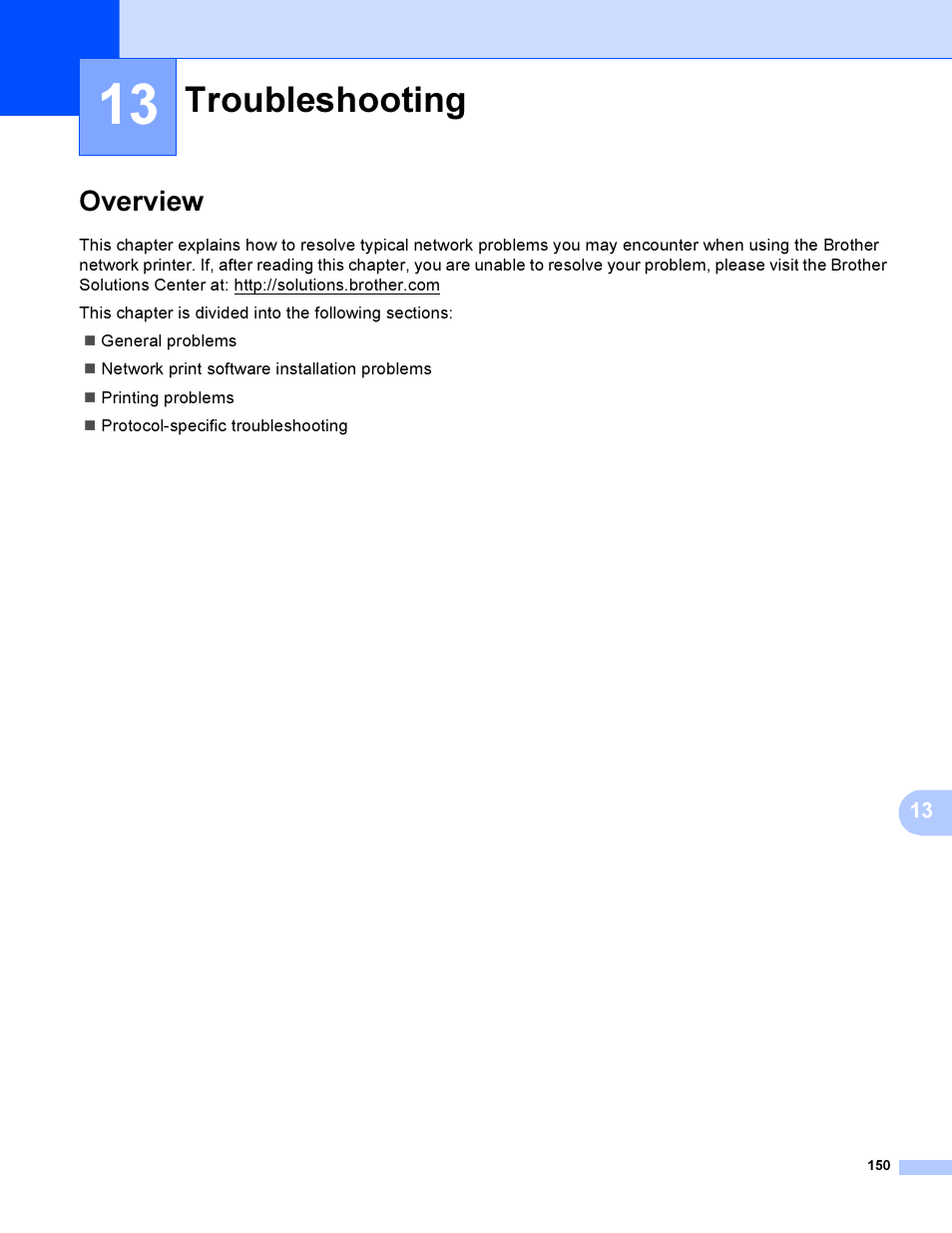 13 troubleshooting, Overview, Troubleshooting | Brother HL-4040CDN User Manual | Page 157 / 177