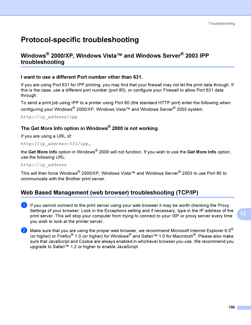 Protocol-specific troubleshooting, Windows, 2000/xp, windows vista™ and windows server | 2003 ipp troubleshooting | Brother HL-4040CDN User Manual | Page 163 / 177