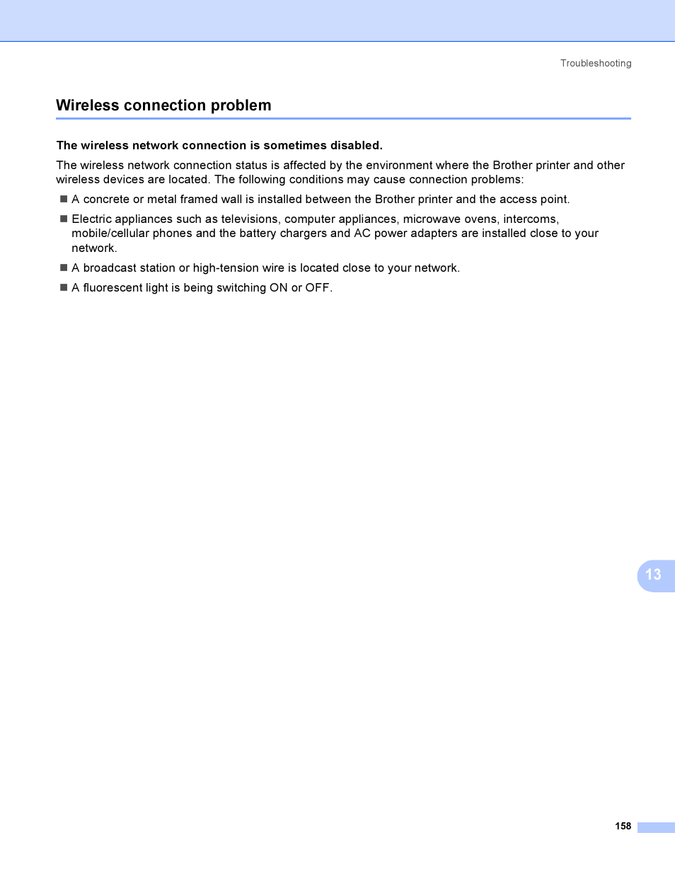 Wireless connection problem, 13 wireless connection problem | Brother HL-4040CDN User Manual | Page 165 / 177