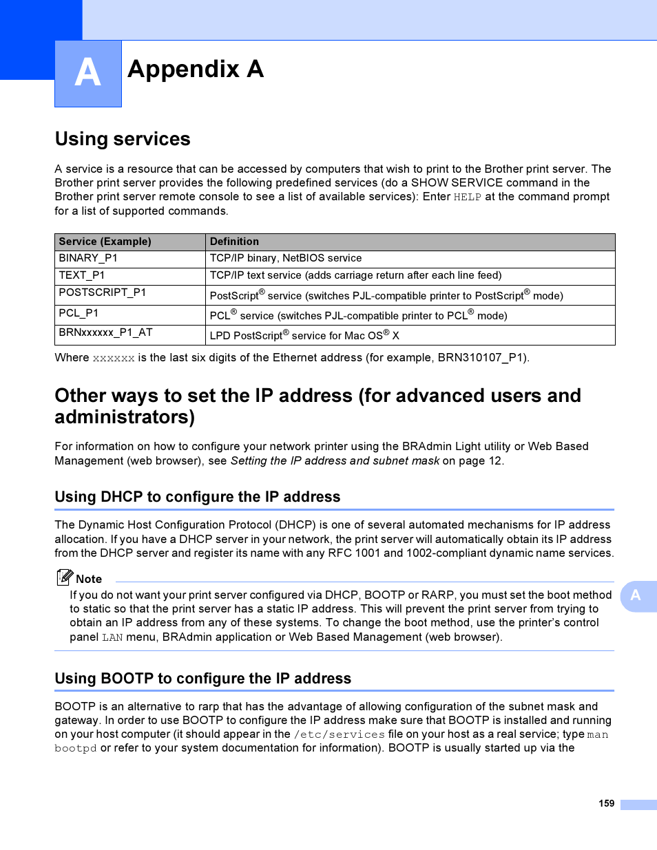 Appendix a, Using services, Using dhcp to configure the ip address | Using bootp to configure the ip address | Brother HL-4040CDN User Manual | Page 166 / 177