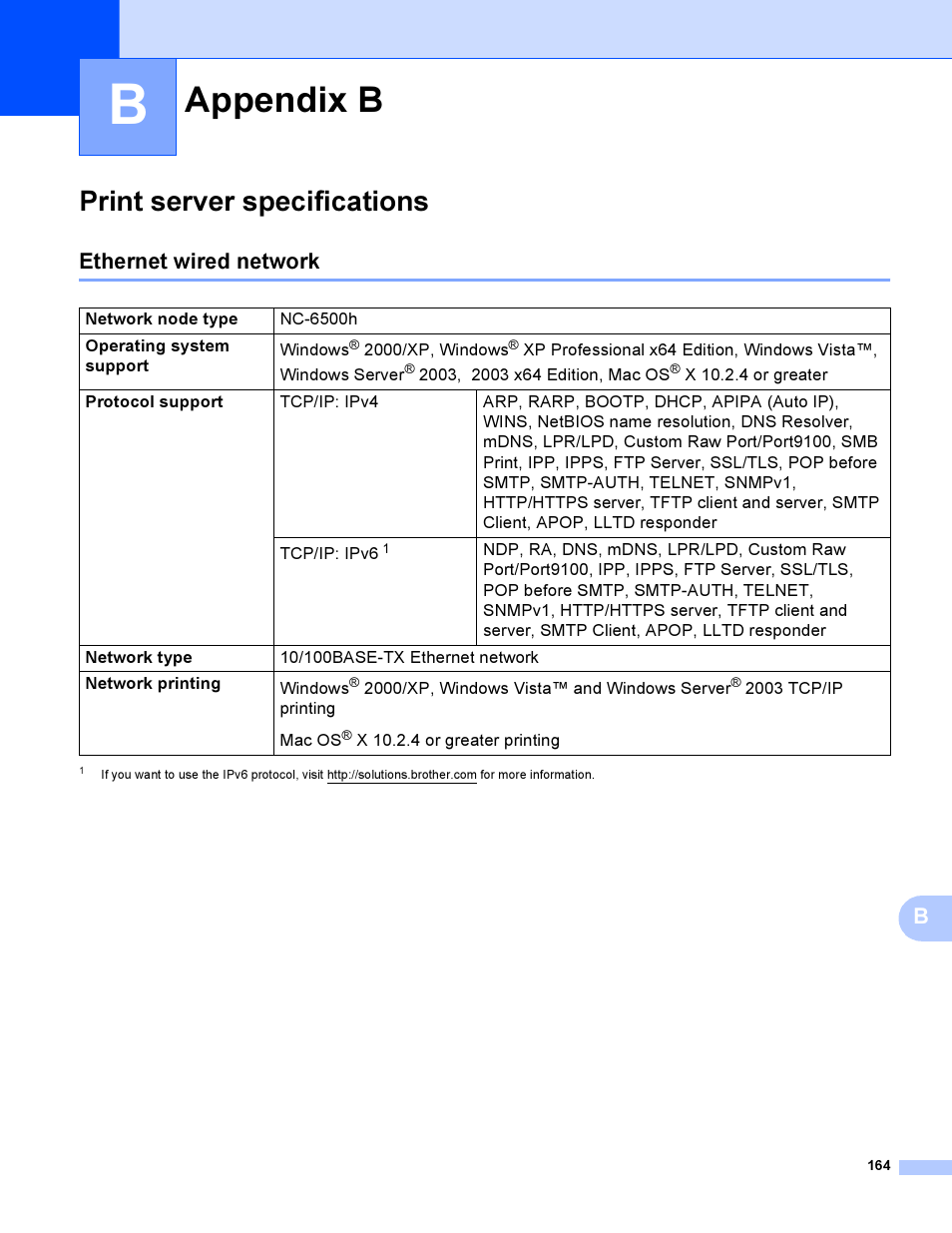 Appendix b, Print server specifications, Ethernet wired network | Brother HL-4040CDN User Manual | Page 171 / 177