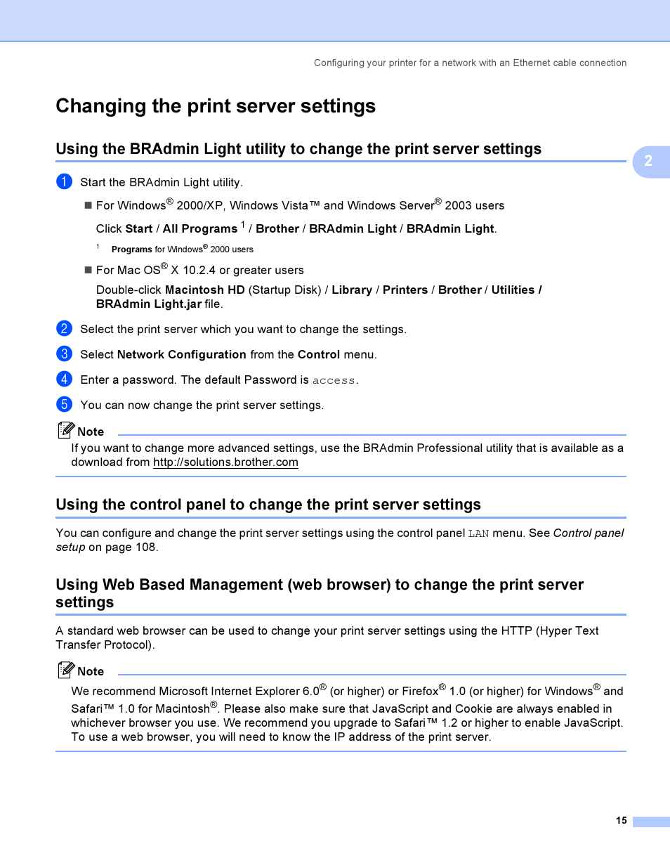 Changing the print server settings | Brother HL-4040CDN User Manual | Page 22 / 177