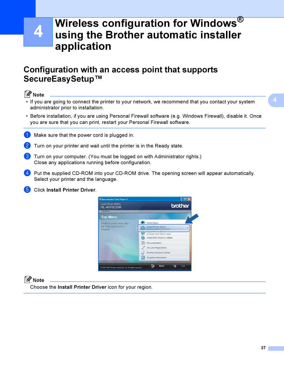 Wireless configuration for windows, Using the brother automatic, Using the brother automatic installer application | Brother HL-4040CDN User Manual | Page 44 / 177