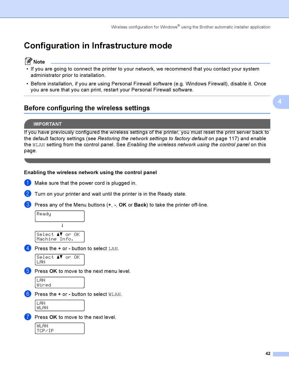 Configuration in infrastructure mode, Before configuring the wireless settings | Brother HL-4040CDN User Manual | Page 49 / 177