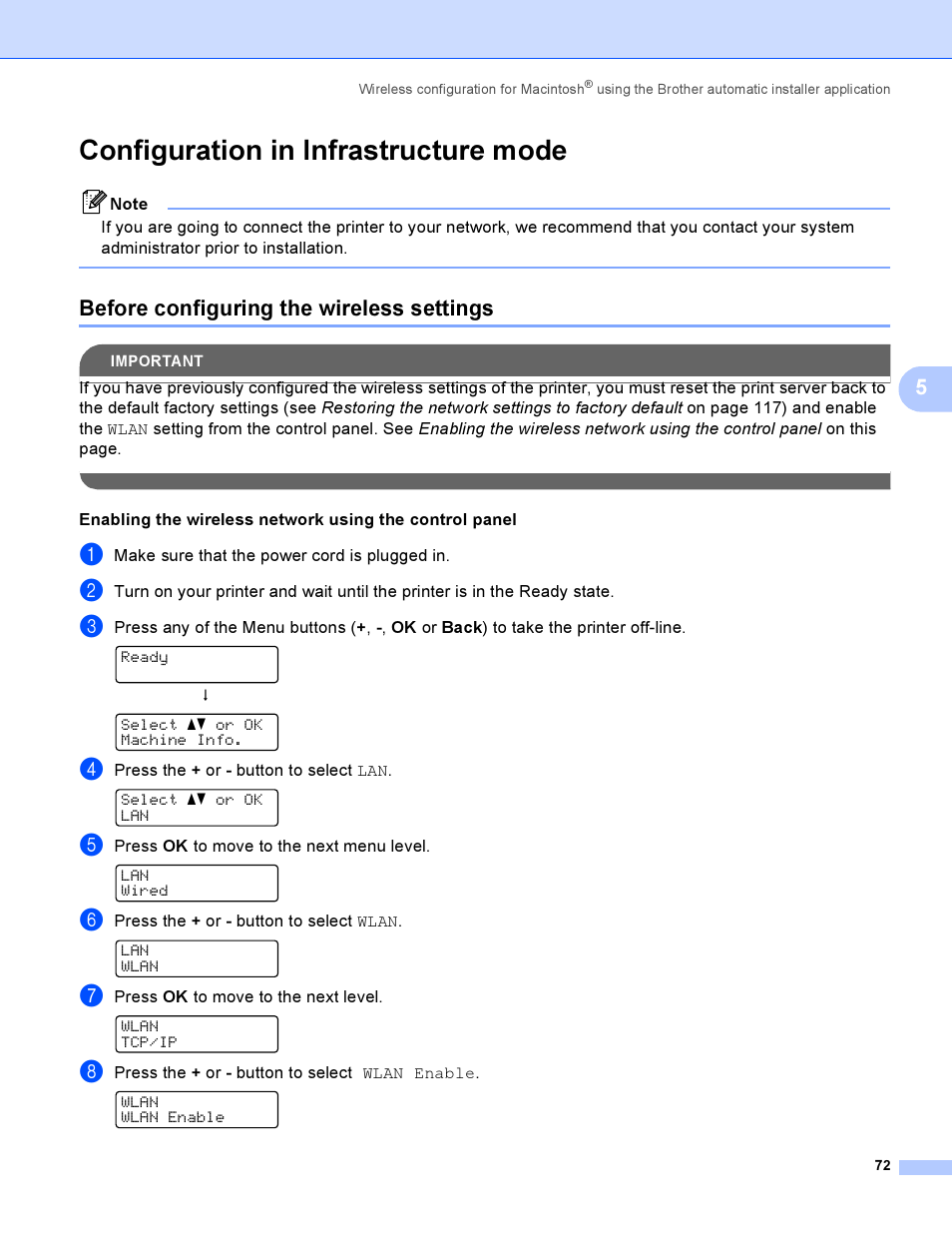 Configuration in infrastructure mode, Before configuring the wireless settings | Brother HL-4040CDN User Manual | Page 79 / 177