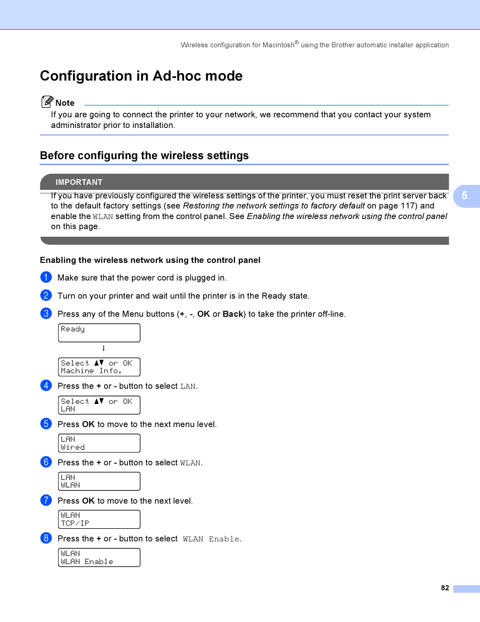 Configuration in ad-hoc mode, Before configuring the wireless settings | Brother HL-4040CDN User Manual | Page 89 / 177