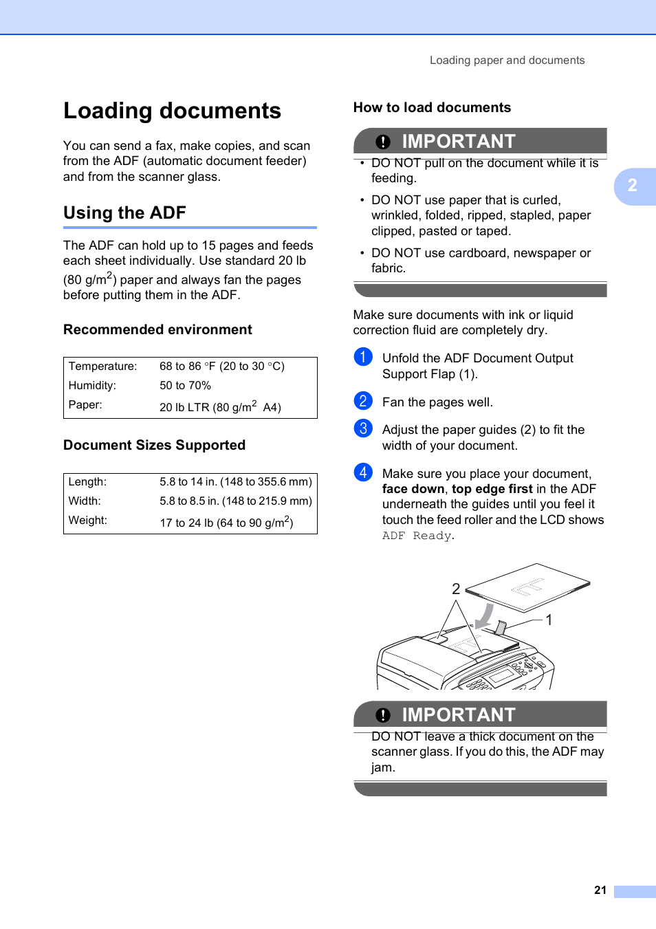 Loading documents, Using the adf, Recommended environment | Document sizes supported, How to load documents, Important | Brother MFC-495CW User Manual | Page 37 / 224