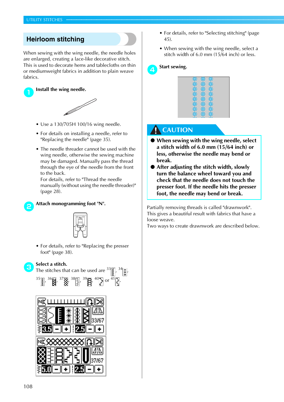 Heirloom stitching, Caution | Brother SE-270D User Manual | Page 114 / 166