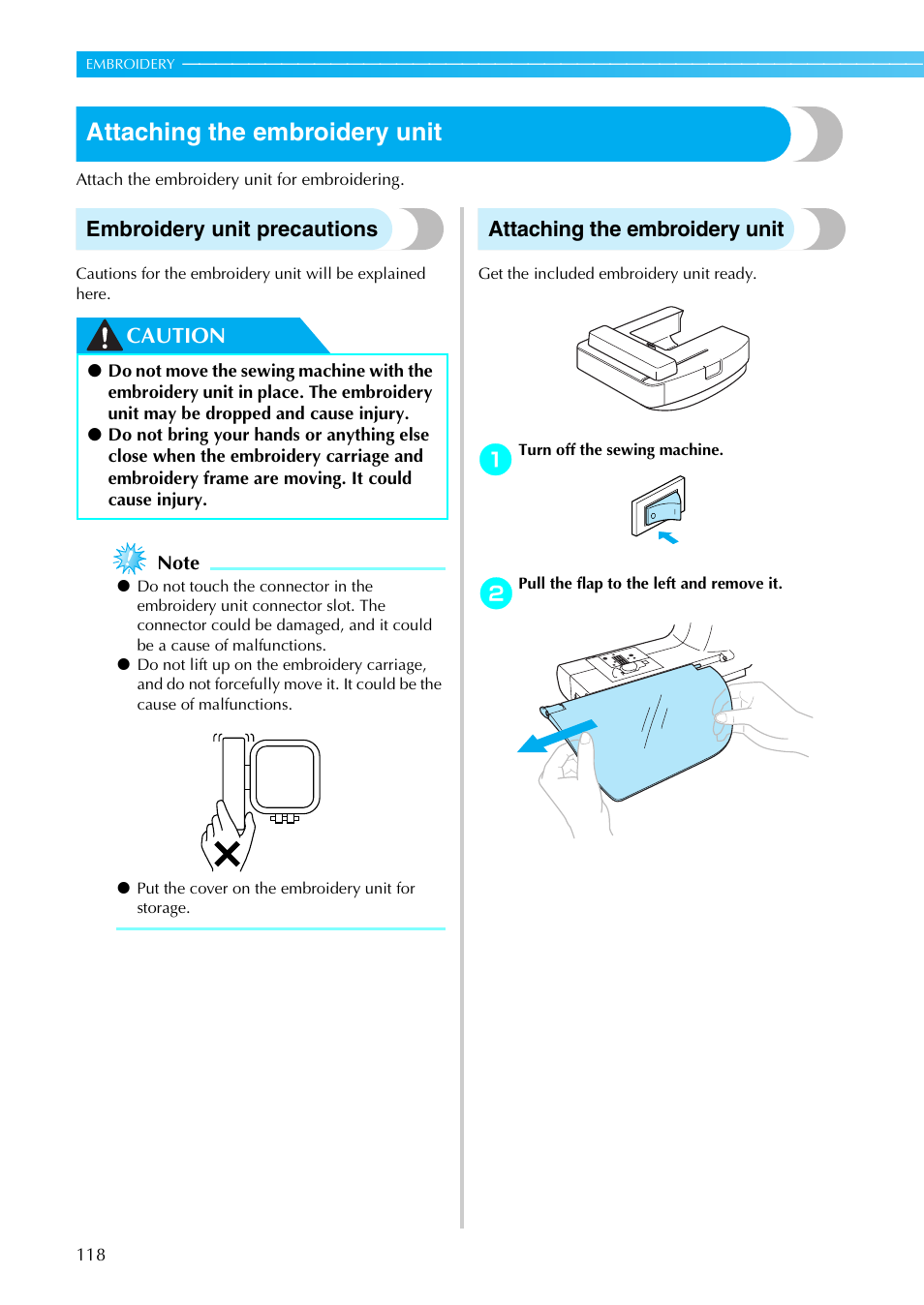 Attaching the embroidery unit, Embroidery unit precautions, Caution | Brother SE-270D User Manual | Page 124 / 166