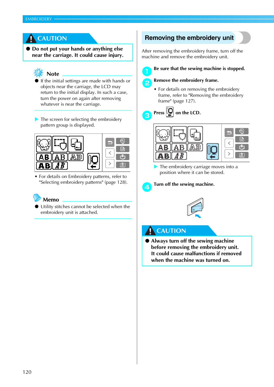 Caution, Removing the embroidery unit | Brother SE-270D User Manual | Page 126 / 166