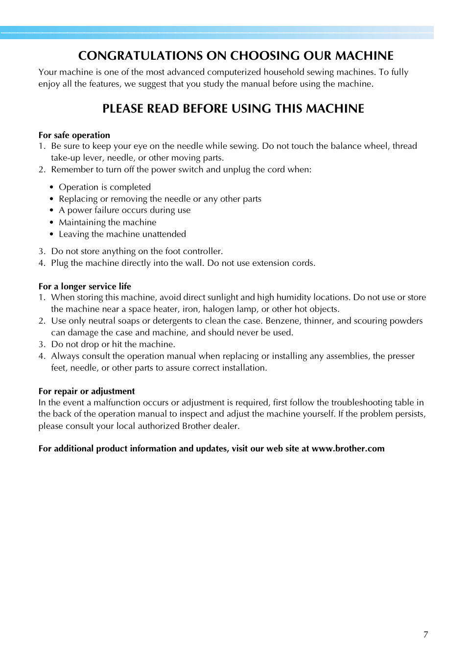 Please read before using this machine | Brother SE-270D User Manual | Page 13 / 166
