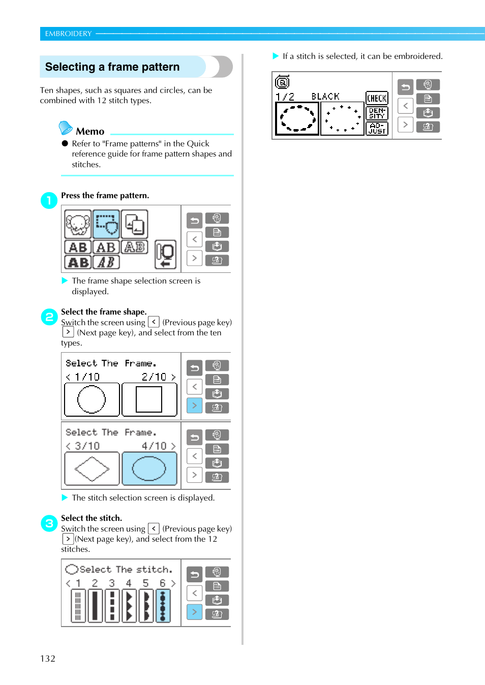 Selecting a frame pattern | Brother SE-270D User Manual | Page 138 / 166