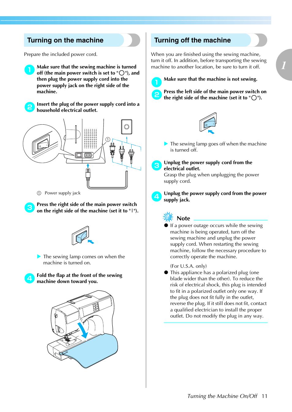 Turning on the machine, Turning off the machine | Brother SE-270D User Manual | Page 17 / 166