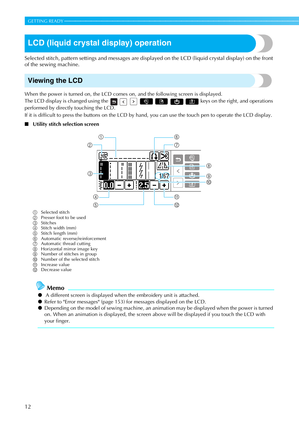Lcd (liquid crystal display) operation, Viewing the lcd | Brother SE-270D User Manual | Page 18 / 166