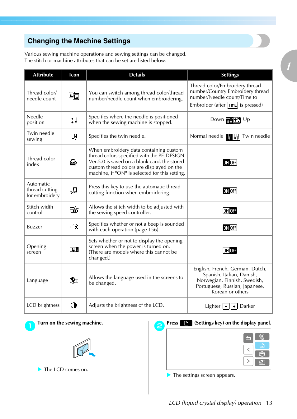 Changing the machine settings | Brother SE-270D User Manual | Page 19 / 166
