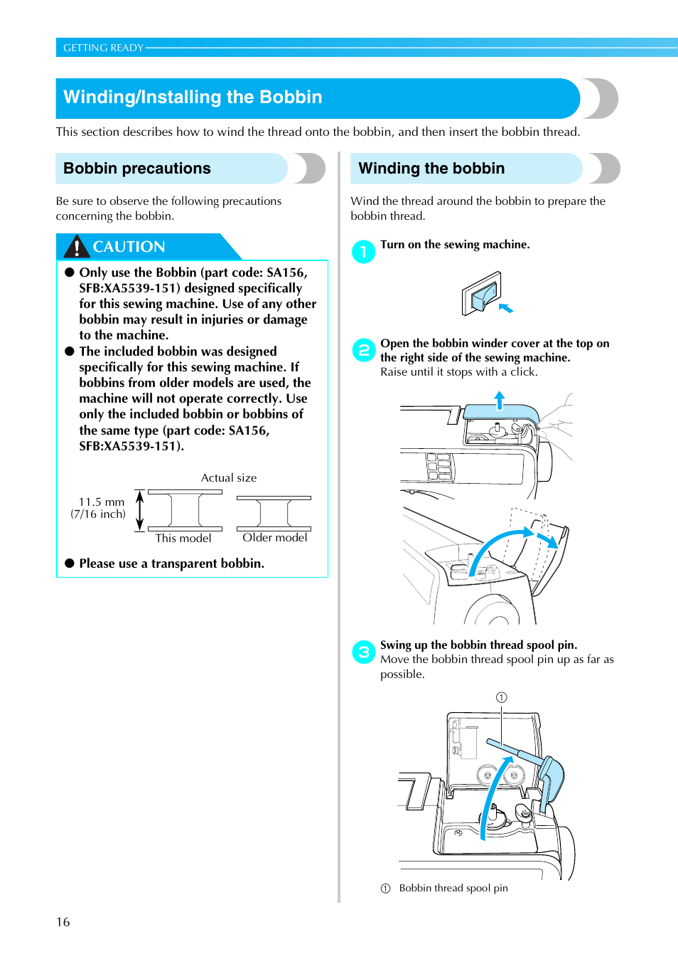 Winding/installing the bobbin, Bobbin precautions, Caution winding the bobbin | Brother SE-270D User Manual | Page 22 / 166