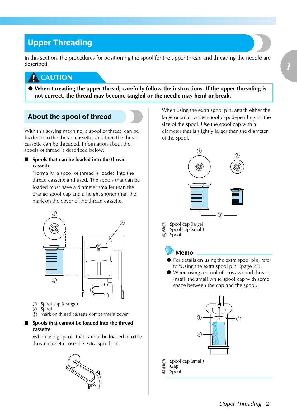 Upper threading, Caution about the spool of thread | Brother SE-270D User Manual | Page 27 / 166