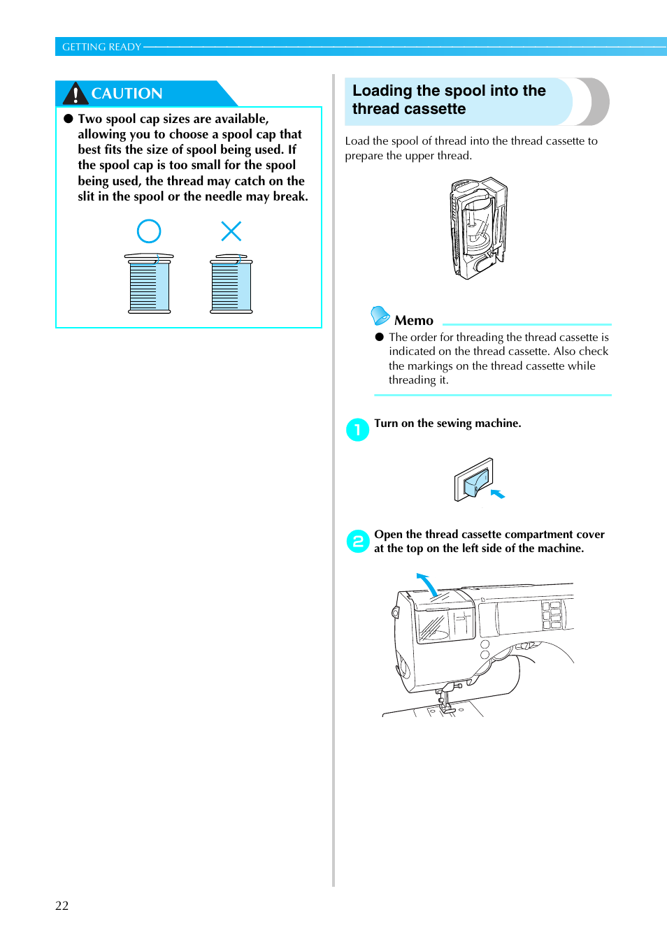 Caution loading the spool into the thread cassette | Brother SE-270D User Manual | Page 28 / 166