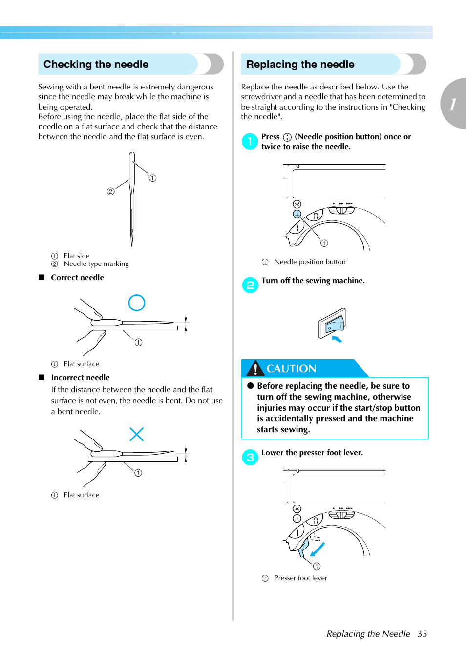 Checking the needle, Replacing the needle, Caution | Brother SE-270D User Manual | Page 41 / 166