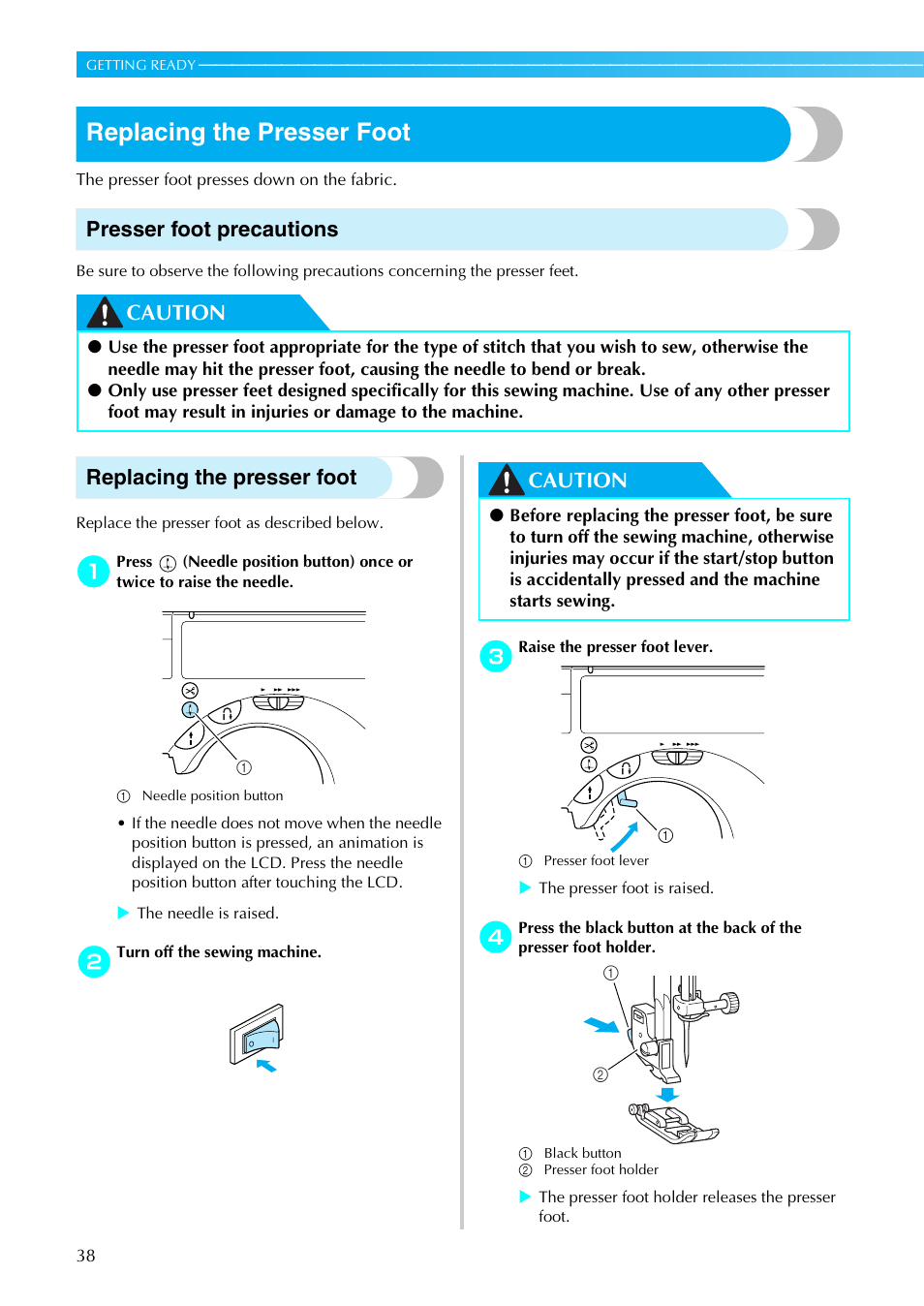 Replacing the presser foot, Presser foot precautions, Caution replacing the presser foot | Caution | Brother SE-270D User Manual | Page 44 / 166