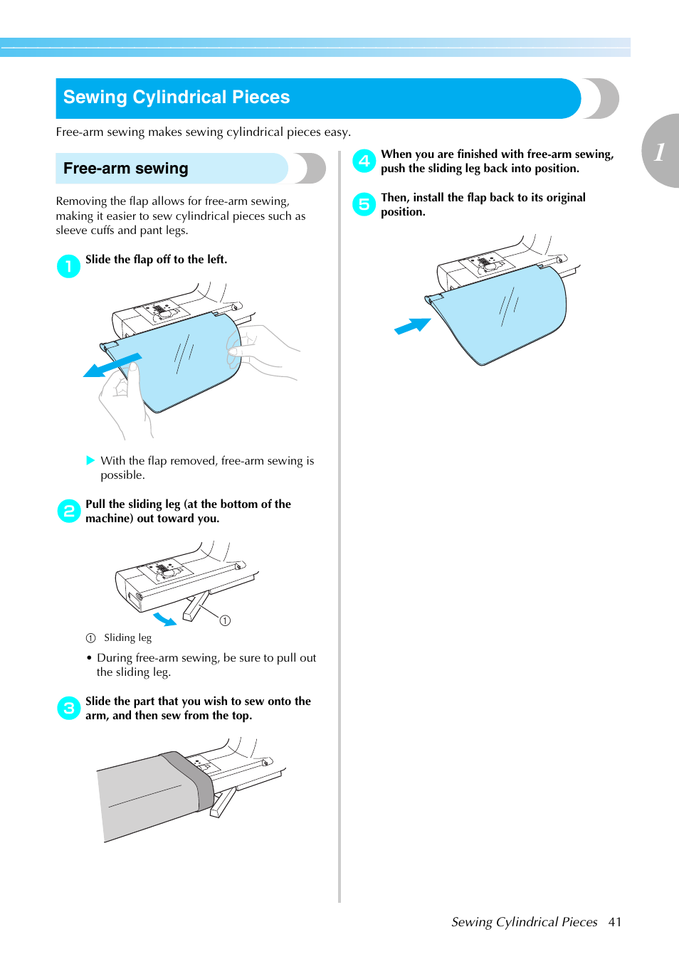 Sewing cylindrical pieces, Free-arm sewing | Brother SE-270D User Manual | Page 47 / 166