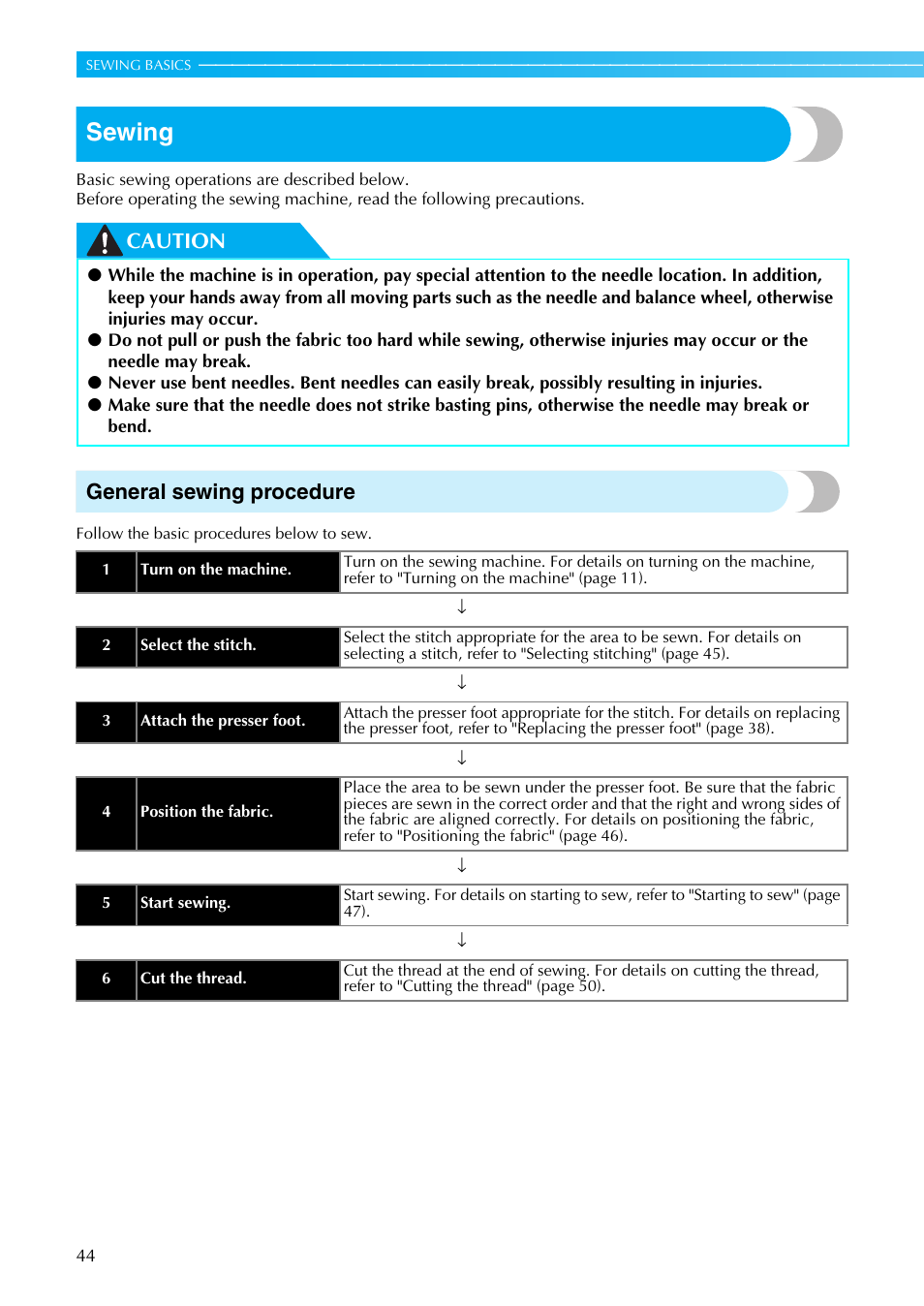 Sewing, Caution general sewing procedure | Brother SE-270D User Manual | Page 50 / 166