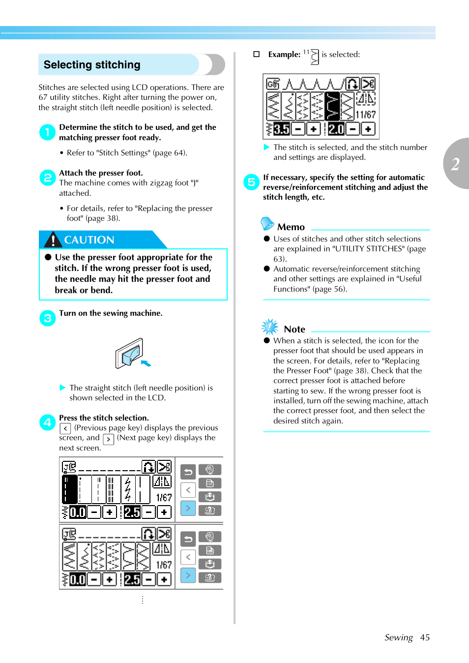 Selecting stitching, Caution | Brother SE-270D User Manual | Page 51 / 166