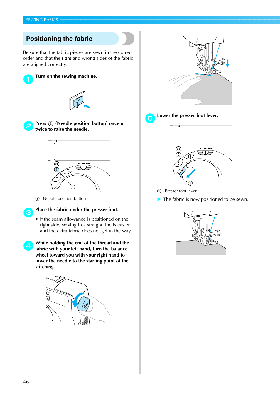 Positioning the fabric | Brother SE-270D User Manual | Page 52 / 166