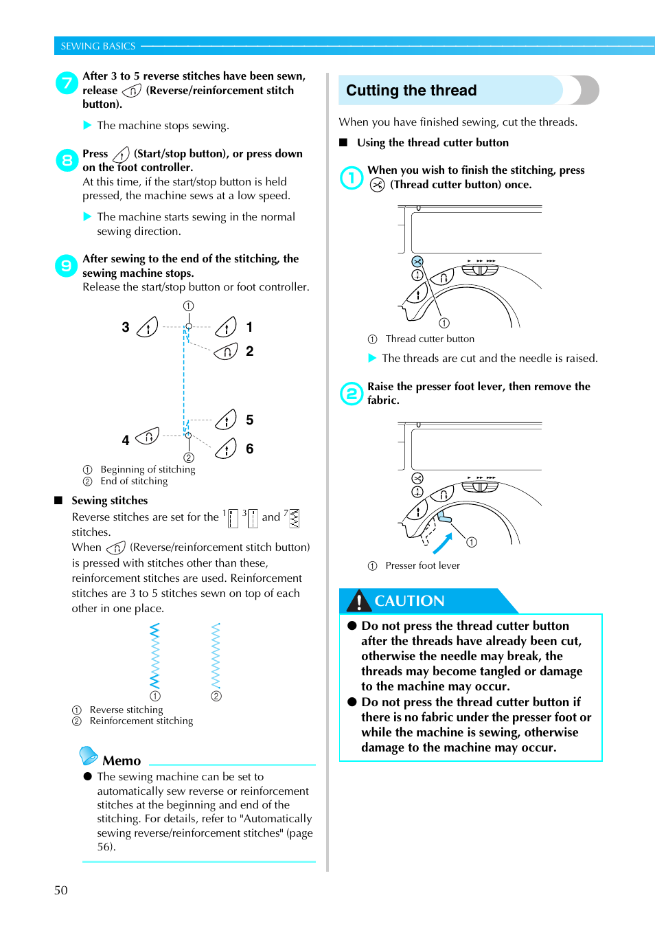 Cutting the thread, Caution | Brother SE-270D User Manual | Page 56 / 166