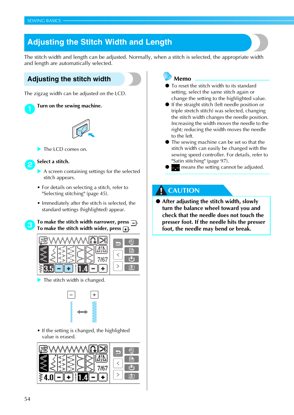 Adjusting the stitch width and length, Adjusting the stitch width, Caution | Brother SE-270D User Manual | Page 60 / 166