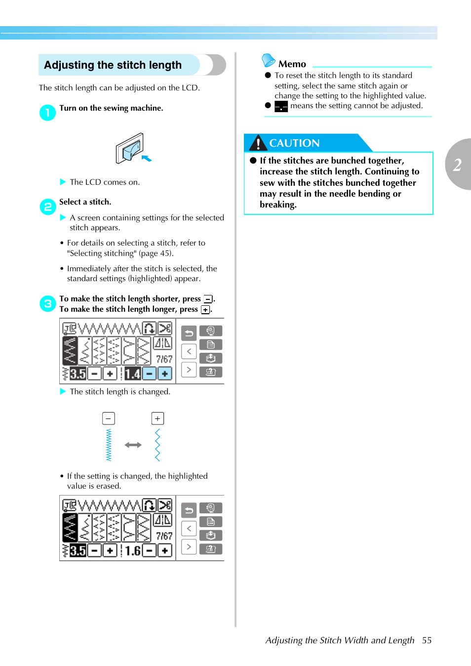 Adjusting the stitch length, Caution | Brother SE-270D User Manual | Page 61 / 166