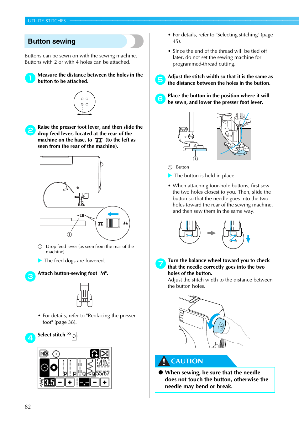 Button sewing, Caution | Brother SE-270D User Manual | Page 88 / 166