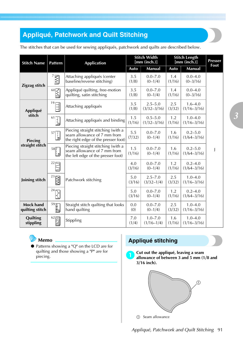 Appliqué, patchwork and quilt stitching, Appliqué stitching | Brother SE-270D User Manual | Page 97 / 166